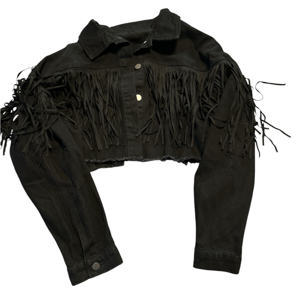 SHEIN fringe cropped black jacket
